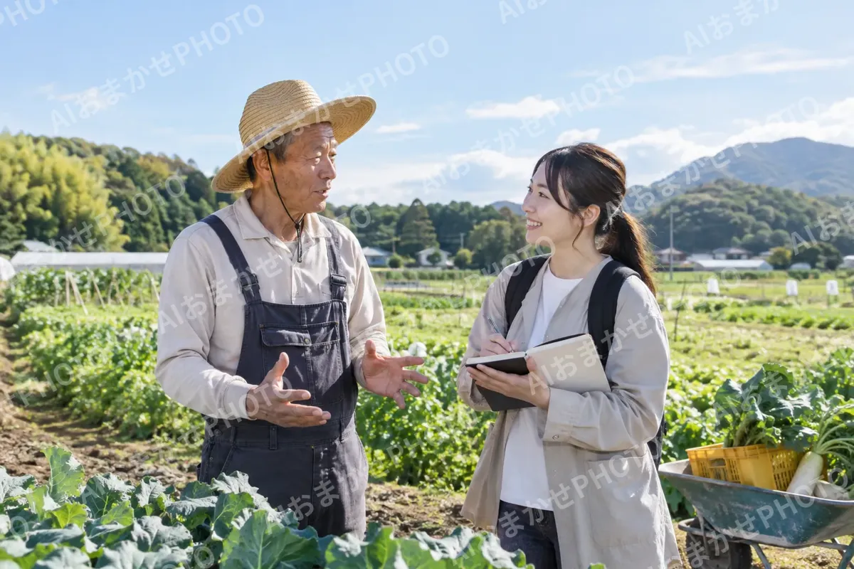 農家の畑で話を聞くライター（出版・編集・ライターの写真 No.26）