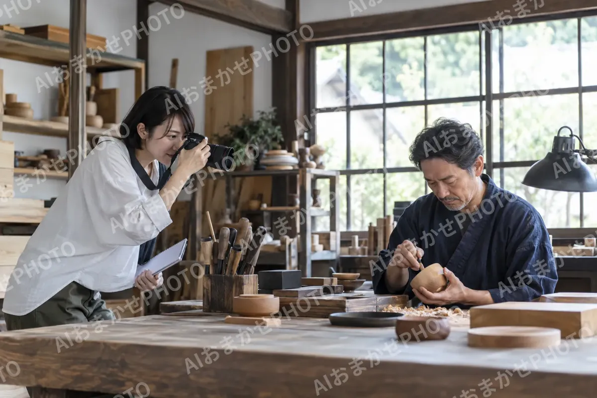 職人の仕事場で写真を撮りながら取材するライター（出版・編集・ライターの写真 No.27）