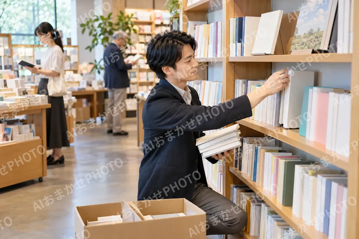 書店の棚に新しい本をならべる営業の担当者（出版・編集・ライターの写真 No.29）