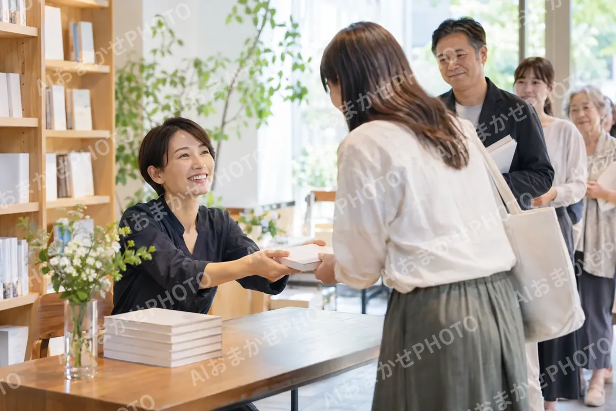 サイン会で読者に本を渡す著者（出版・編集・ライターの写真 No.30）