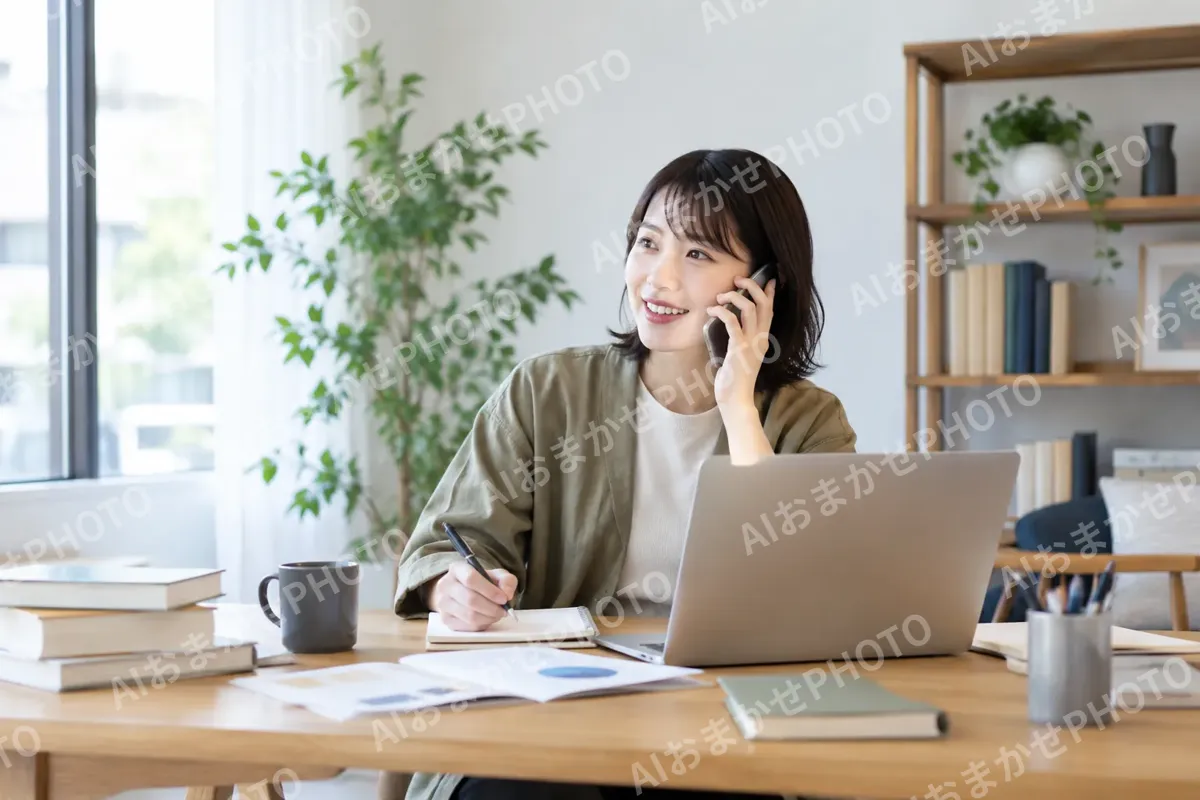 電話で取材の約束をする編集者（出版・編集・ライターの写真 No.34）