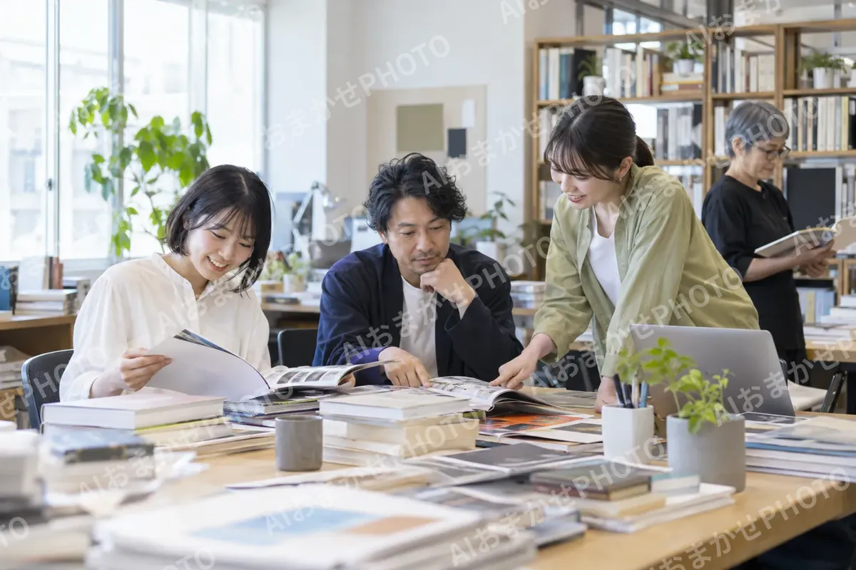本や雑誌が積まれた編集部の机（出版・編集・ライターの写真 No.35）