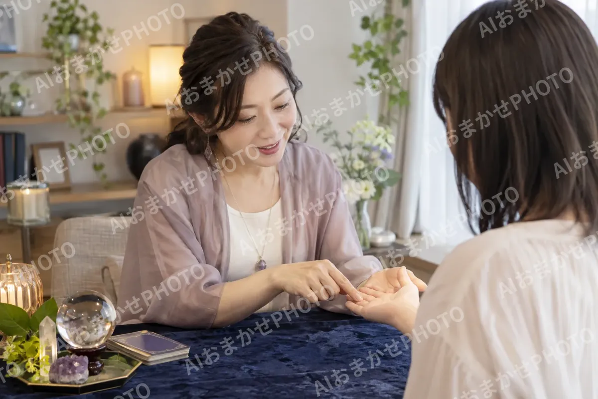 お客様の手のひらを見て話す占い師（占い・鑑定の写真 No.26）