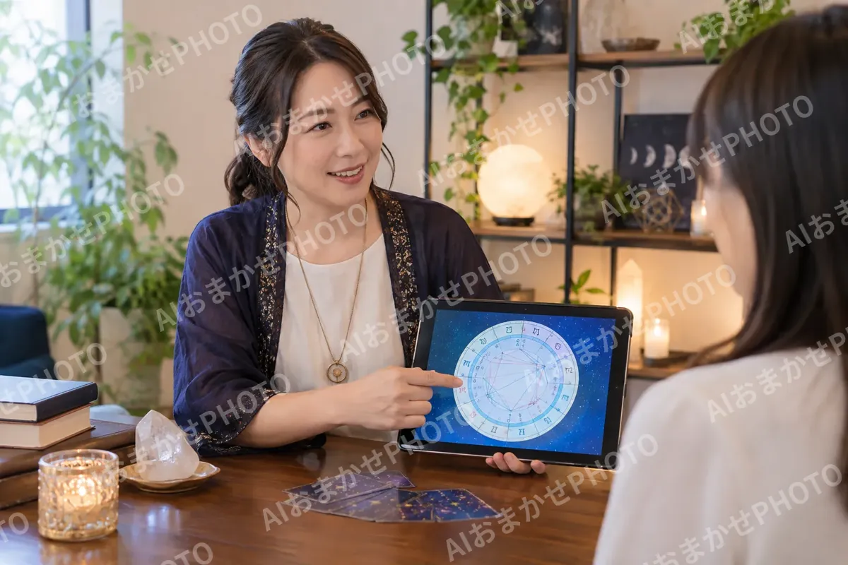 星の図をタブレットで見せる占い師（占い・鑑定の写真 No.28）