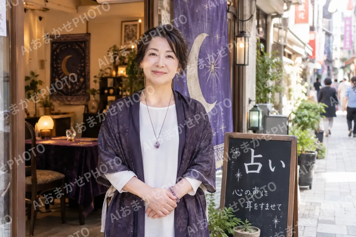 商店街の小さな占いの店の前に立つ占い師（占い・鑑定の写真 No.35）
