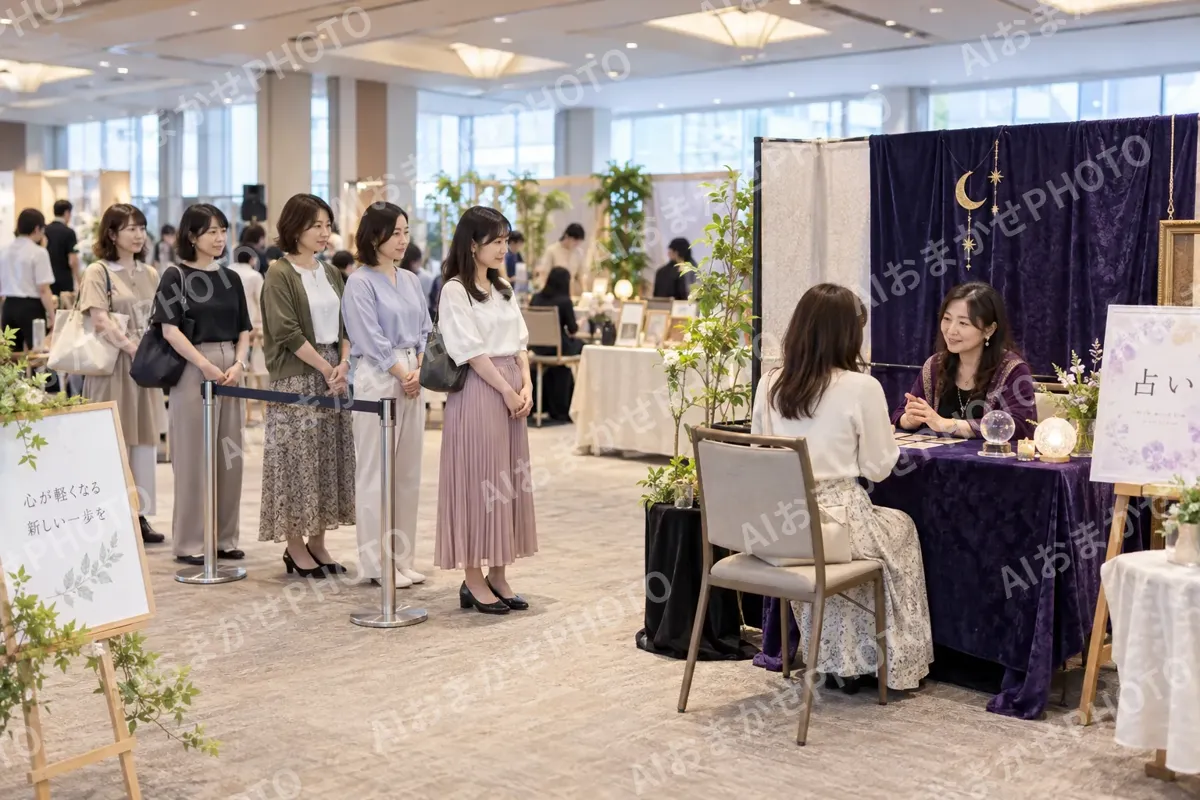 イベント会場の占いのテーブルに並ぶお客様たち（占い・鑑定の写真 No.37）