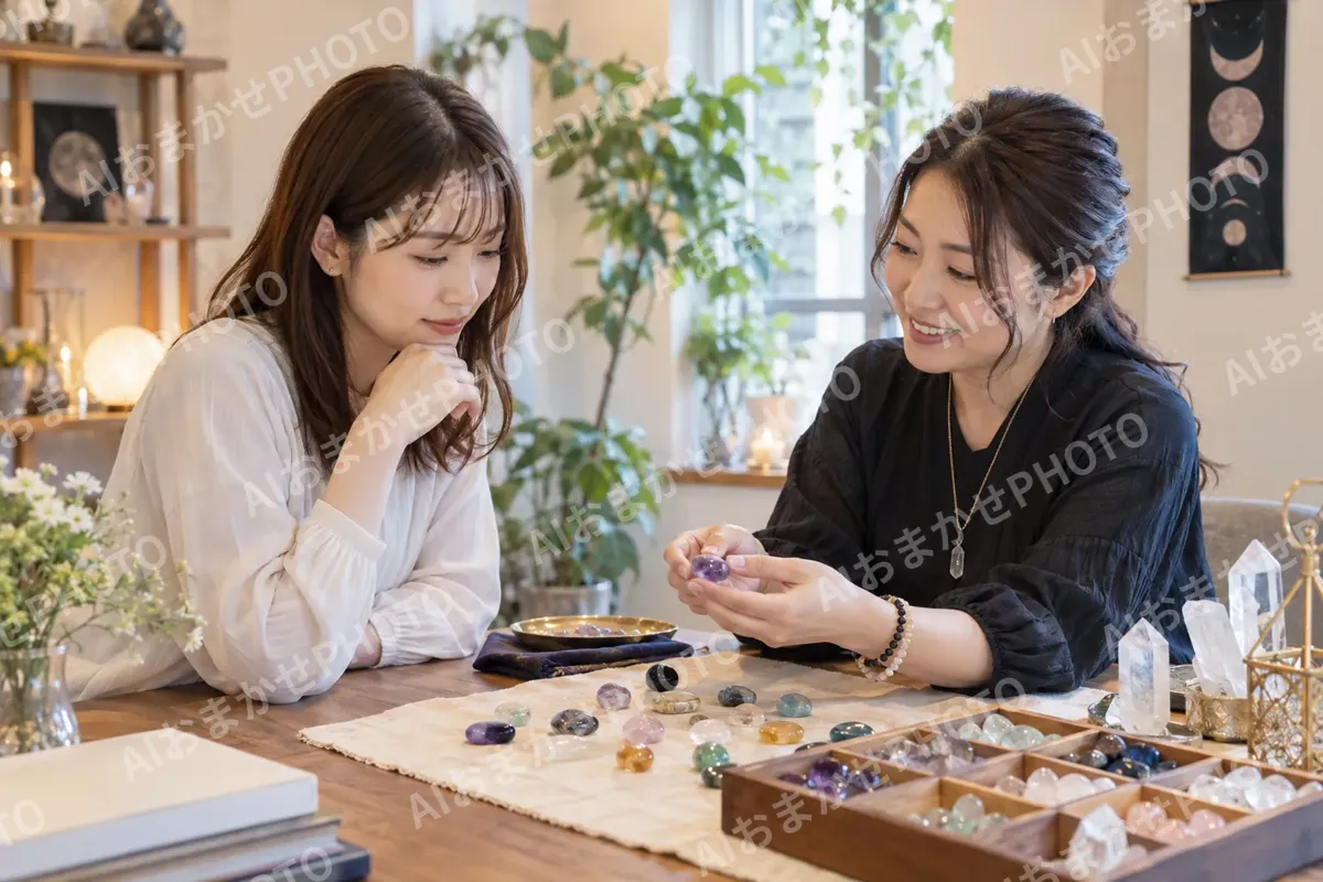 お守りの石を選ぶお客様と占い師（占い・鑑定の写真 No.38）