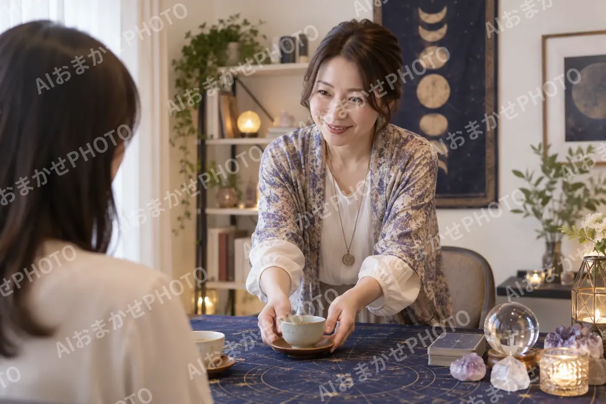 お茶を出してお客様をむかえる占い師（占い・鑑定の写真 No.41）