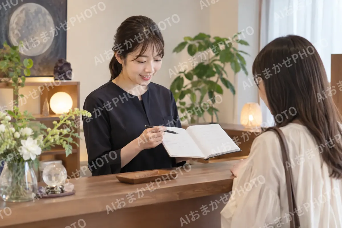 受付で予約の時間を確かめるスタッフ（占い・鑑定の写真 No.45）