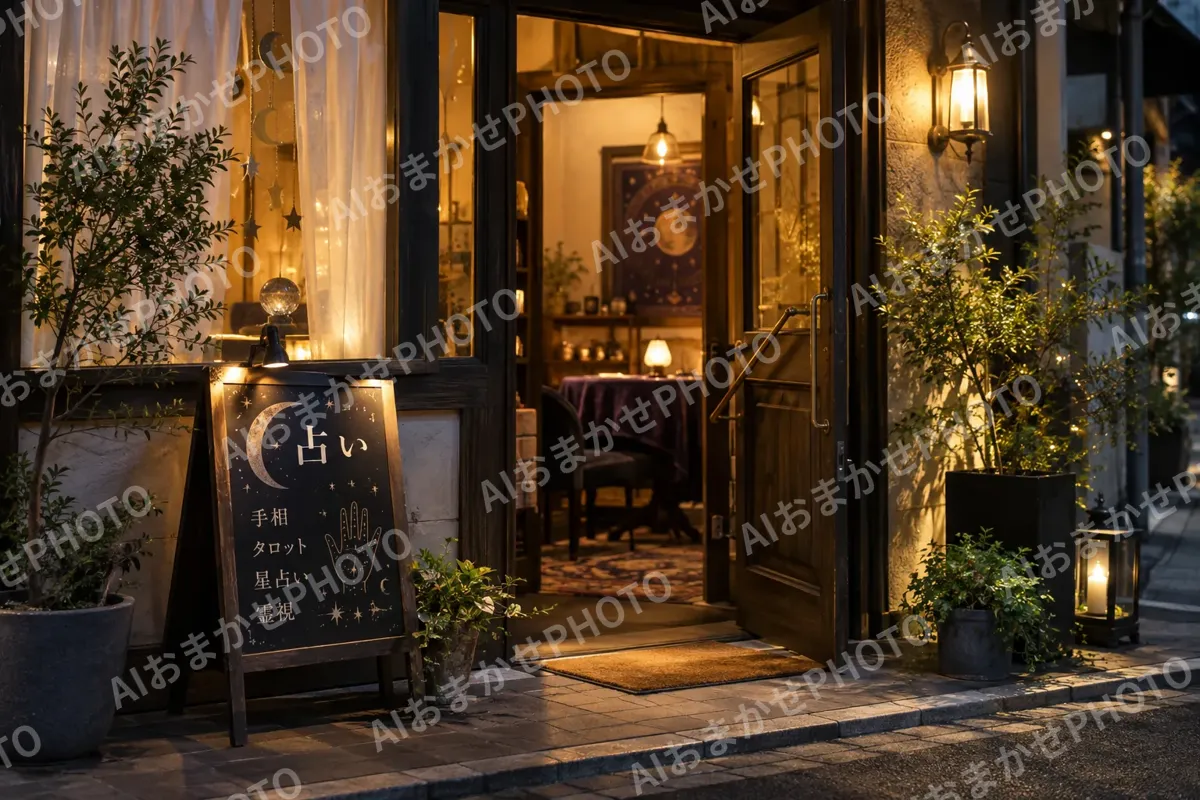 夜に明かりがともる占いの店の入口（占い・鑑定の写真 No.47）