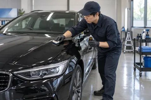 コーティング剤をスポンジでぬるスタッフ（洗車・カーコーティングの写真 No.31）