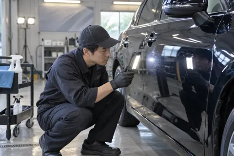ライトを当てて細かいきずを確かめるスタッフ（洗車・カーコーティングの写真 No.33）
