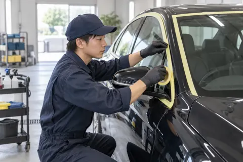 マスキングテープを車にはるスタッフ（洗車・カーコーティングの写真 No.37）
