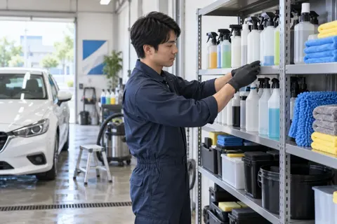 棚に並んだ洗剤やクロス（洗車・カーコーティングの写真 No.44）
