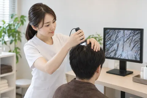 マイクロスコープでお客様の頭皮を見るスタッフ（育毛・発毛・薄毛ケアの写真 No.24）