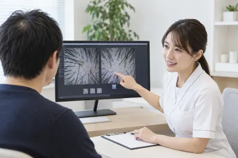 モニターに映った頭皮を見せて説明するカウンセラー（育毛・発毛・薄毛ケアの写真 No.25）
