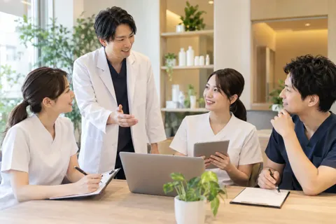 朝の打ち合わせをするスタッフたち（育毛・発毛・薄毛ケアの写真 No.45）