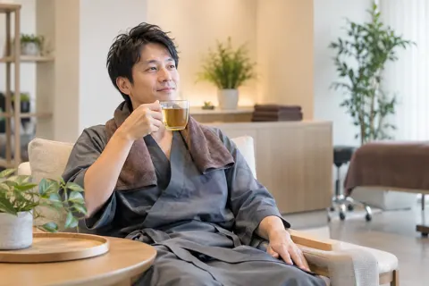 ケアのあとでお茶を飲むお客様（育毛・発毛・薄毛ケアの写真 No.46）