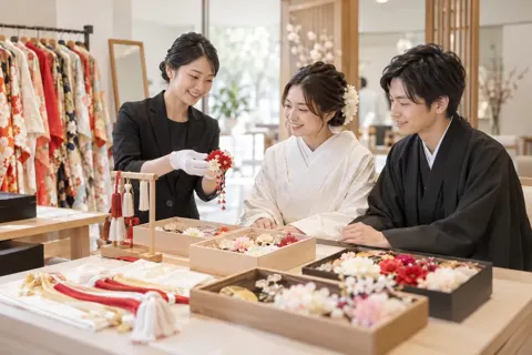 和装の小物を選ぶスタッフと2人（フォトウェディング・前撮りの写真 No.31）