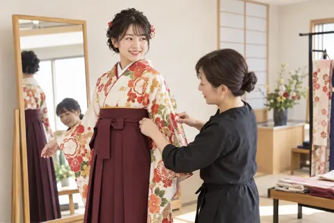 はかまを着た新成人の着付けをする着付け師（成人式・七五三の写真 No.20）