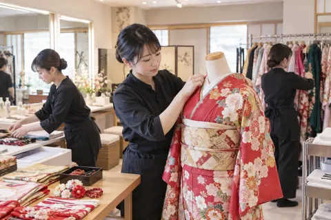 朝早くに店で着付けの準備をするスタッフたち（成人式・七五三の写真 No.33）