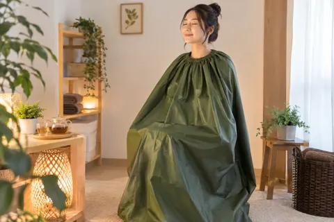 よもぎ蒸しのマントを着ていすにすわるお客様（その他の美容・サロン（よもぎ蒸し・ヘッドスパ等）の写真 No.25）