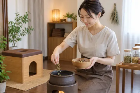 よもぎ蒸しのなべにハーブを入れる施術者（その他の美容・サロン（よもぎ蒸し・ヘッドスパ等）の写真 No.26）