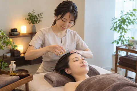 ベッドの上でお客様の髪にオイルをなじませる施術者（その他の美容・サロン（よもぎ蒸し・ヘッドスパ等）の写真 No.28）
