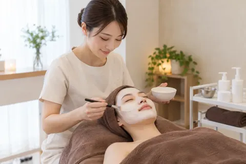 フェイシャルでお客様の顔にパックをぬる施術者（その他の美容・サロン（よもぎ蒸し・ヘッドスパ等）の写真 No.29）