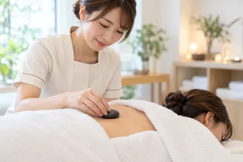 背中に温めた石を置く施術者（その他の美容・サロン（よもぎ蒸し・ヘッドスパ等）の写真 No.35）