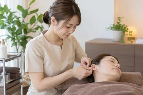 耳のつぼを押す施術者（その他の美容・サロン（よもぎ蒸し・ヘッドスパ等）の写真 No.36）