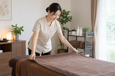 ベッドにタオルをしいて準備をする施術者（その他の美容・サロン（よもぎ蒸し・ヘッドスパ等）の写真 No.43）