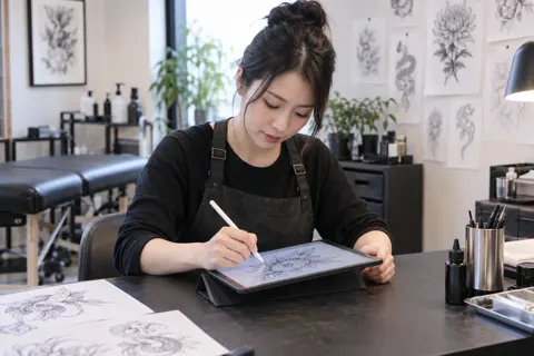 タブレットで図がらをかく施術者（タトゥー・アートメイクの写真 No.40）