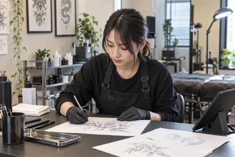 紙に図がらの下絵をかく施術者（タトゥー・アートメイクの写真 No.41）