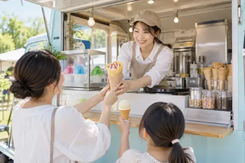 キッチンカーの窓口でクレープとアイスを売る店員（アイス・クレープ・かき氷の写真 No.34）