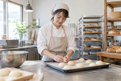 パン生地を丸めて天板にならべる職人（パン・ベーカリーの写真 No.26）