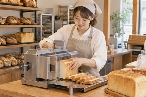 食パンを機械でスライスする店員（パン・ベーカリーの写真 No.30）