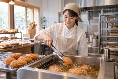 カレーパンを揚げる職人（パン・ベーカリーの写真 No.40）
