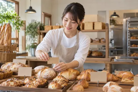 パンの値札を立てる店員（パン・ベーカリーの写真 No.41）