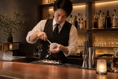 氷を丸く削るバーテンダー（バー・ショットバーの写真 No.30）