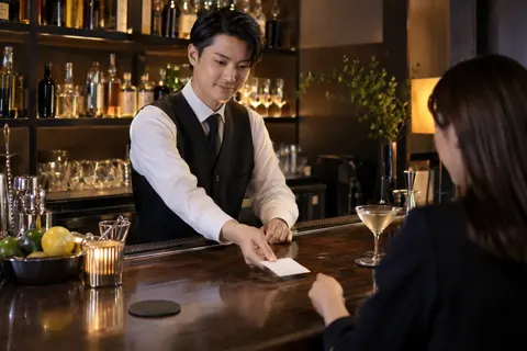 バーのカウンターで会計の紙を渡すバーテンダー（バー・ショットバーの写真 No.35）