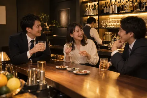 仕事帰りにバーのカウンターで話す同僚たち（バー・ショットバーの写真 No.39）