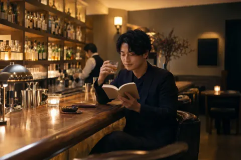 カウンターで本を読みながら一杯飲むお客様（バー・ショットバーの写真 No.46）