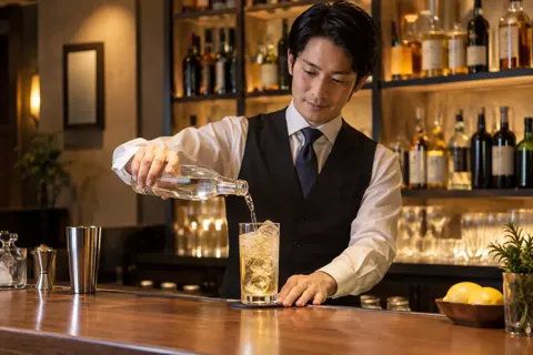 ハイボールのグラスに炭酸を注ぐバーテンダー（バー・ショットバーの写真 No.47）