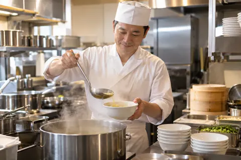 中華スープを鍋からよそう料理人（中華・餃子の写真 No.19）