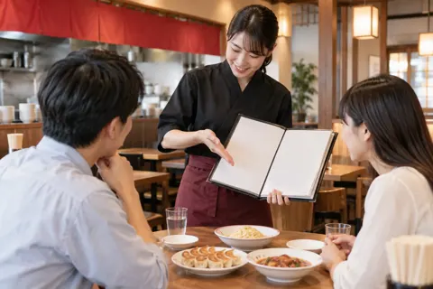 中華料理のメニューを見せて説明する店員（中華・餃子の写真 No.20）