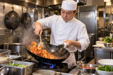 エビチリを中華鍋で仕上げる料理人（中華・餃子の写真 No.21）