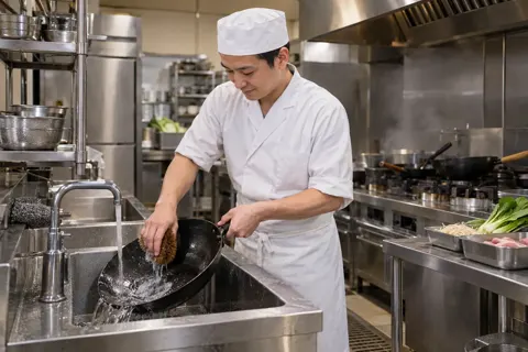 中華鍋を洗って次の料理に備える料理人（中華・餃子の写真 No.23）