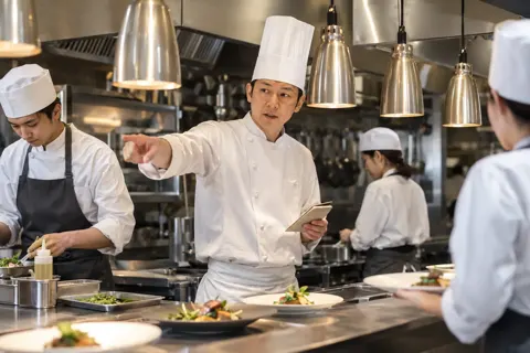 厨房で料理を出す順番を指示するシェフ（フレンチの写真 No.19）