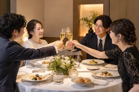 個室での会食でシャンパンで乾杯する人たち（フレンチの写真 No.22）